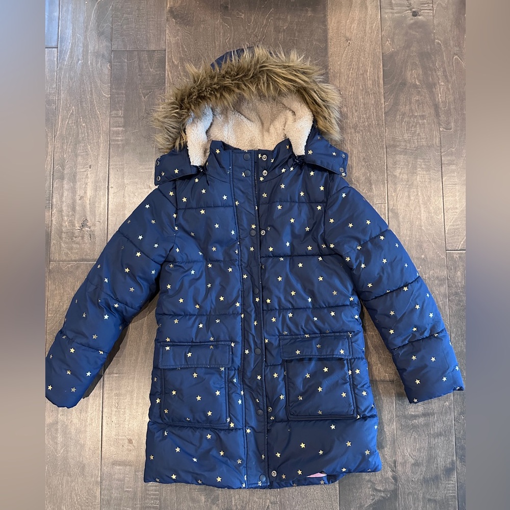 Boden Navy Star Print Jacket with Faux Fur